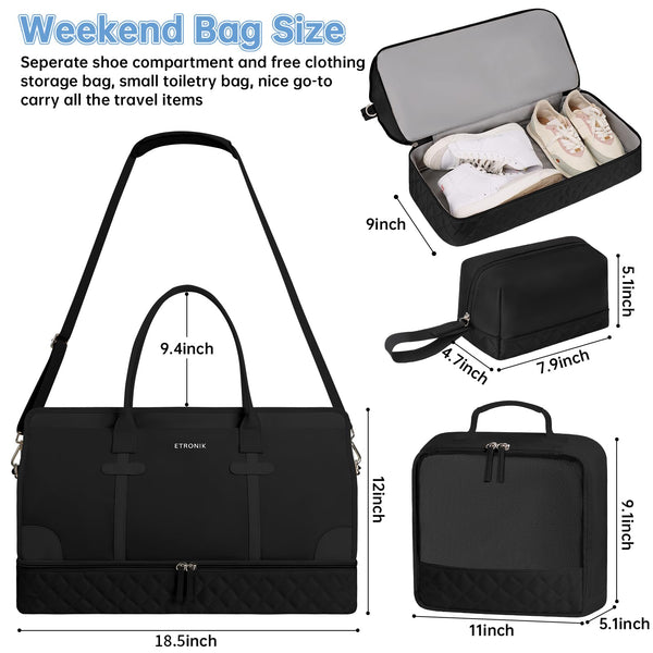 ETRONIK Weekend Overnight Bag for Women, Large Travel Duffle Bag with Shoe Compartment & Wet Pocket, Carry On Tote Bags Gym Duffel Bag with Toiletry Bags for Hospital 3 Pcs Set, Black