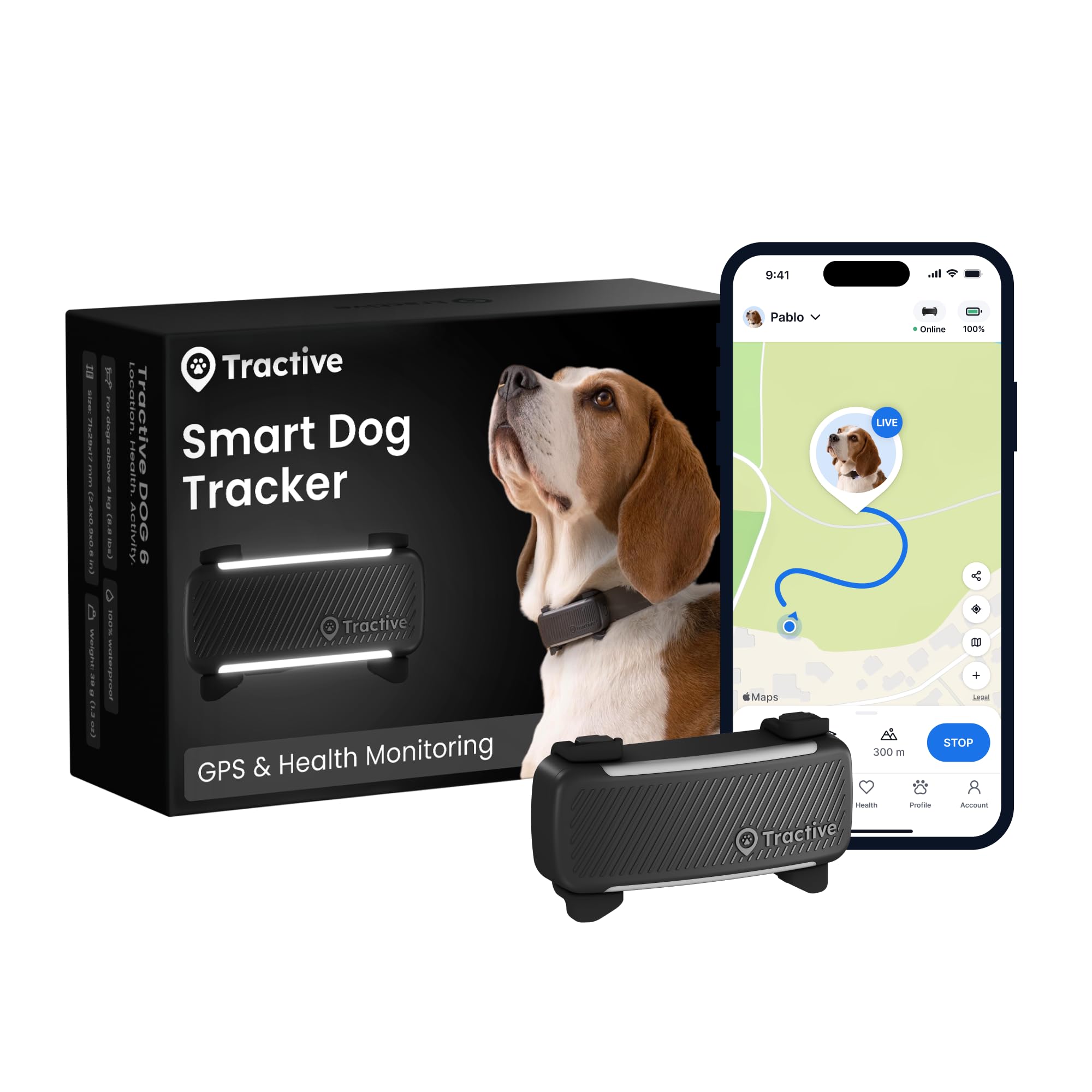 Tractive Smart Dog Tracker | 2025 Edition | Real-time GPS Tracking | Escape & Health Alerts | Vitals Monitoring | Market Leader (Black)