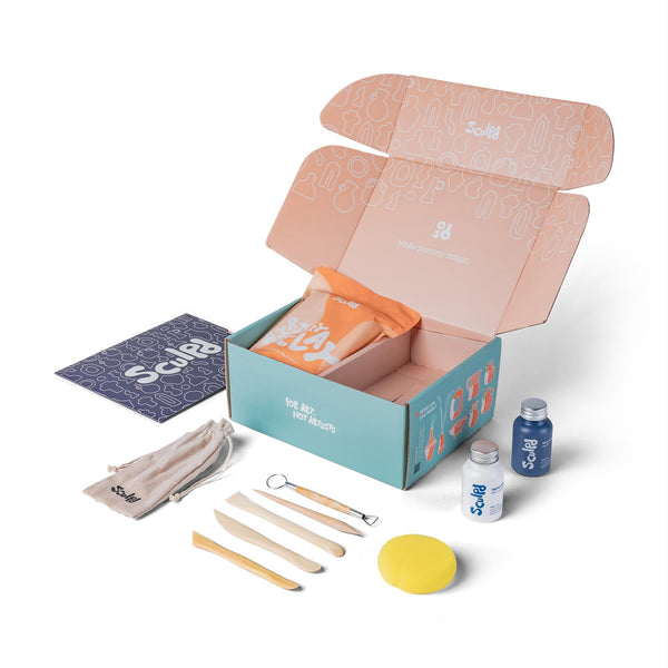 Sculpd Pottery Starter Kit - Complete Air Dry Clay Beginner Set for 2 Adults: Includes Sculpting Tools, Gloss Varnish, Paint Brushes, Guide, Video