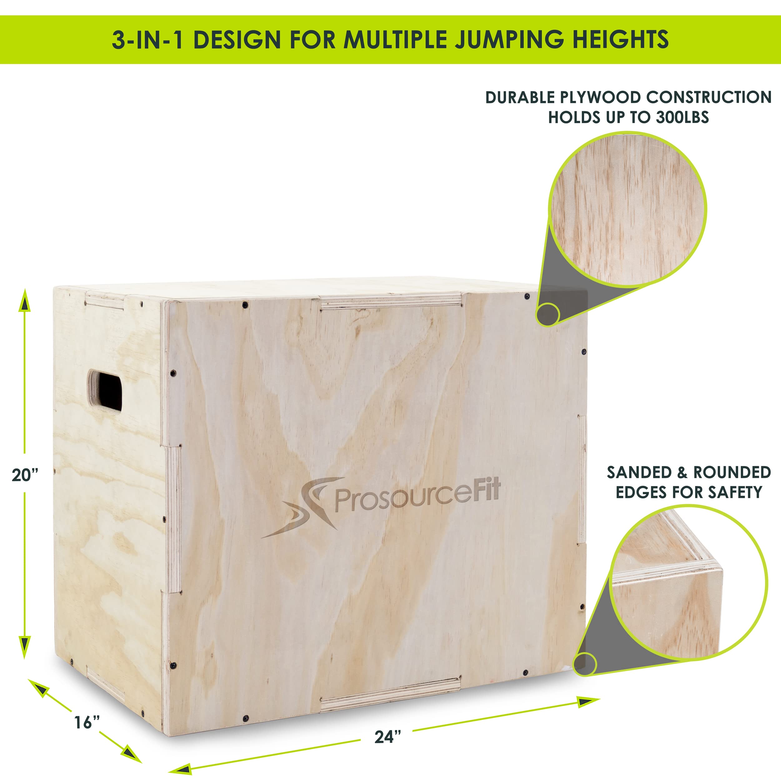 ProsourceFit 3-in-1 Wood Plyometric Jump Box For Cross Conditioning, Agility, Vertical Jump Training & Plyo Workouts, Beige, 24L x 20W x 16H