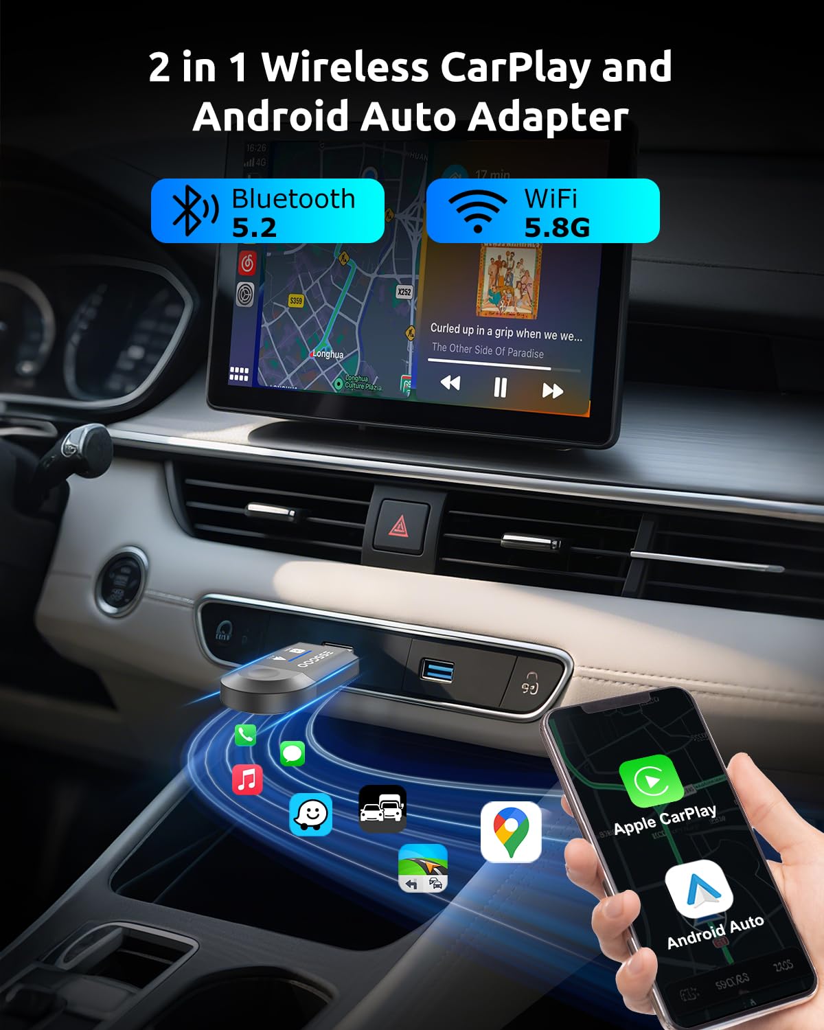 Wireless CarPlay & Android Auto Adapter, Converts Wired to Wireless 2-in-1 Dongle with USB/Type-C Plug, Compatible with iOS 10+ and Android 11+