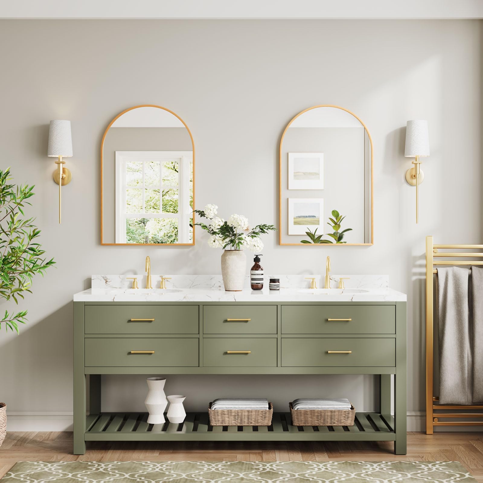 Dripex 50 x 75cm Arched Mirror, Arched Wall Mounted Mirror Home Decorative Bathroom Bedroom Living Room Dressing, Gold