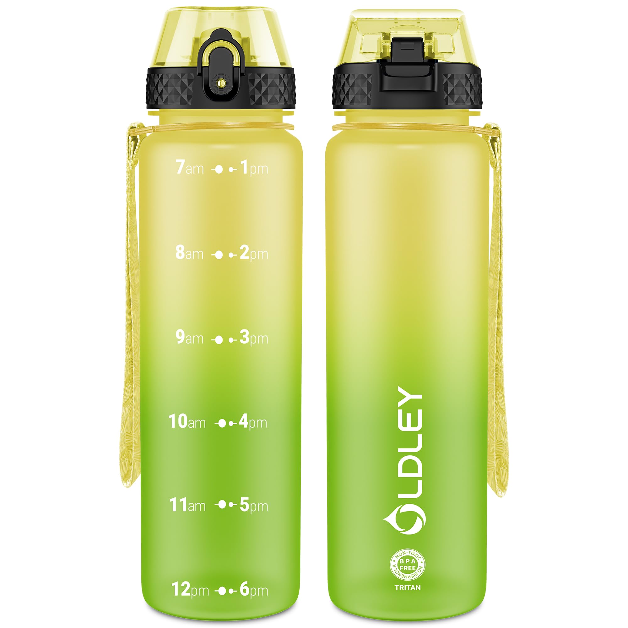 OLDLEY 1L/32oz Sports Water Bottle, 1000ml Motivational Drinks Bottle with Time Markings Leak Proof Drink & Lock Cover & No Straw, BPA Free for Adults Women Men Gym School Cycling Running Hiking