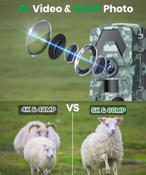 Wildlife Camera, 5K 60MP Trail Camera with Night Vision Motion Activated, 0.05s Trigger Time Garden Camera, 98ft 130 Wide-Angle with No Glow Infrared Led, IP66 Waterproof Outdoor Monitor Camera