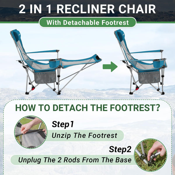 #WEJOY Camping Chairs Folding Recliner Chair Adjustable with Detachable Footrest Headrest Cup Holder Lightweight Portable Reclining Camp Chair Fold Up Chair for Outdoor Beach Garden, Cyan Set of 2