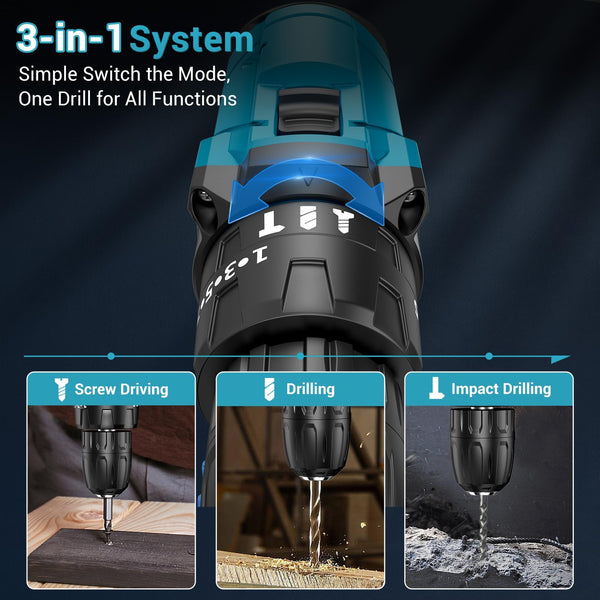 MHPRO Cordless Drill, Power Drill Brushless 21V, Cordless HammerDrill with 2 Batteries 2000mAh, 20+3 Torque, 45N.m Max DrillSet, LED Light, 2 Speed, 14PCS Accessories for Home and Garden DIY Project