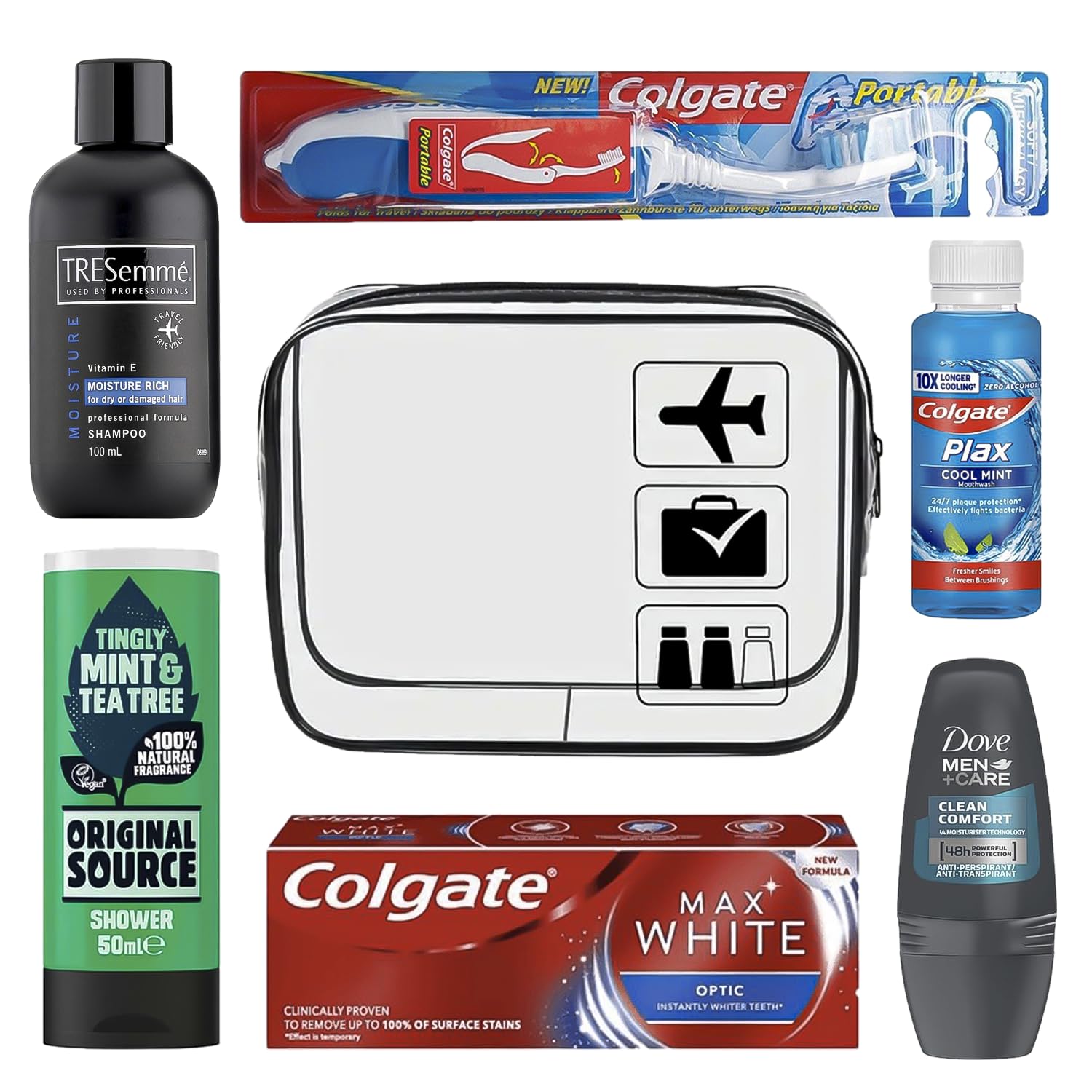 Men?s Travel Toiletries Set? Airport Security Approved, Clear Travel Bag, Shampoo, Shower Gel, Anti-Perspirant Roll On Deodorant, Toothpaste,