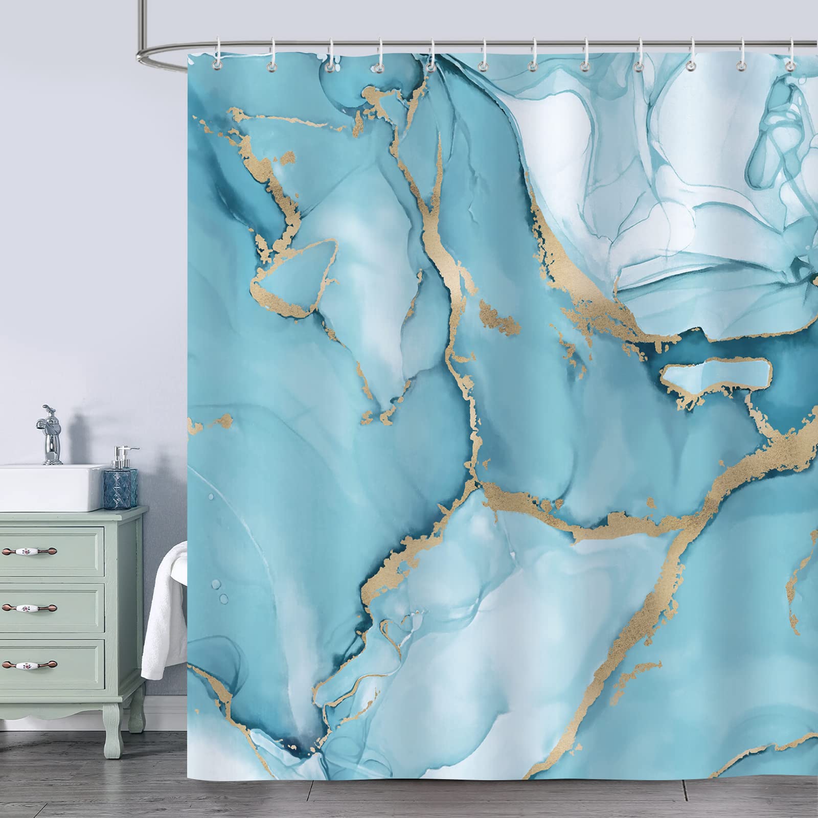 Bonhause Turquoise Marble Shower Curtain Abstract Modern Luxury Bathroom Curtain 180 x 180 cm Waterproof Mildew & Mould Resistant Polyester Fabric
