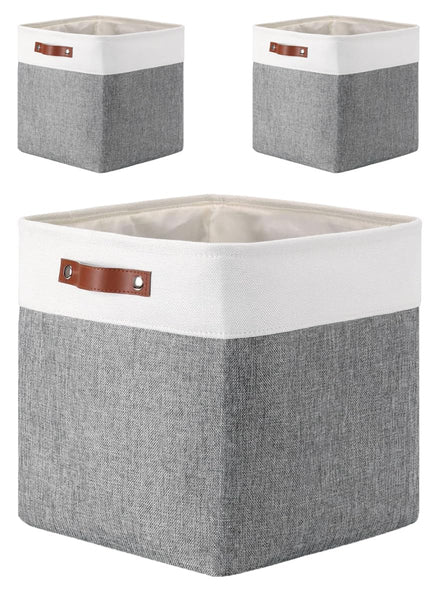 Mangata 25|28|30|33cm Fabric Storage Boxes, Set of 3 Storage Cubes(25x25x25cm, Grey White)