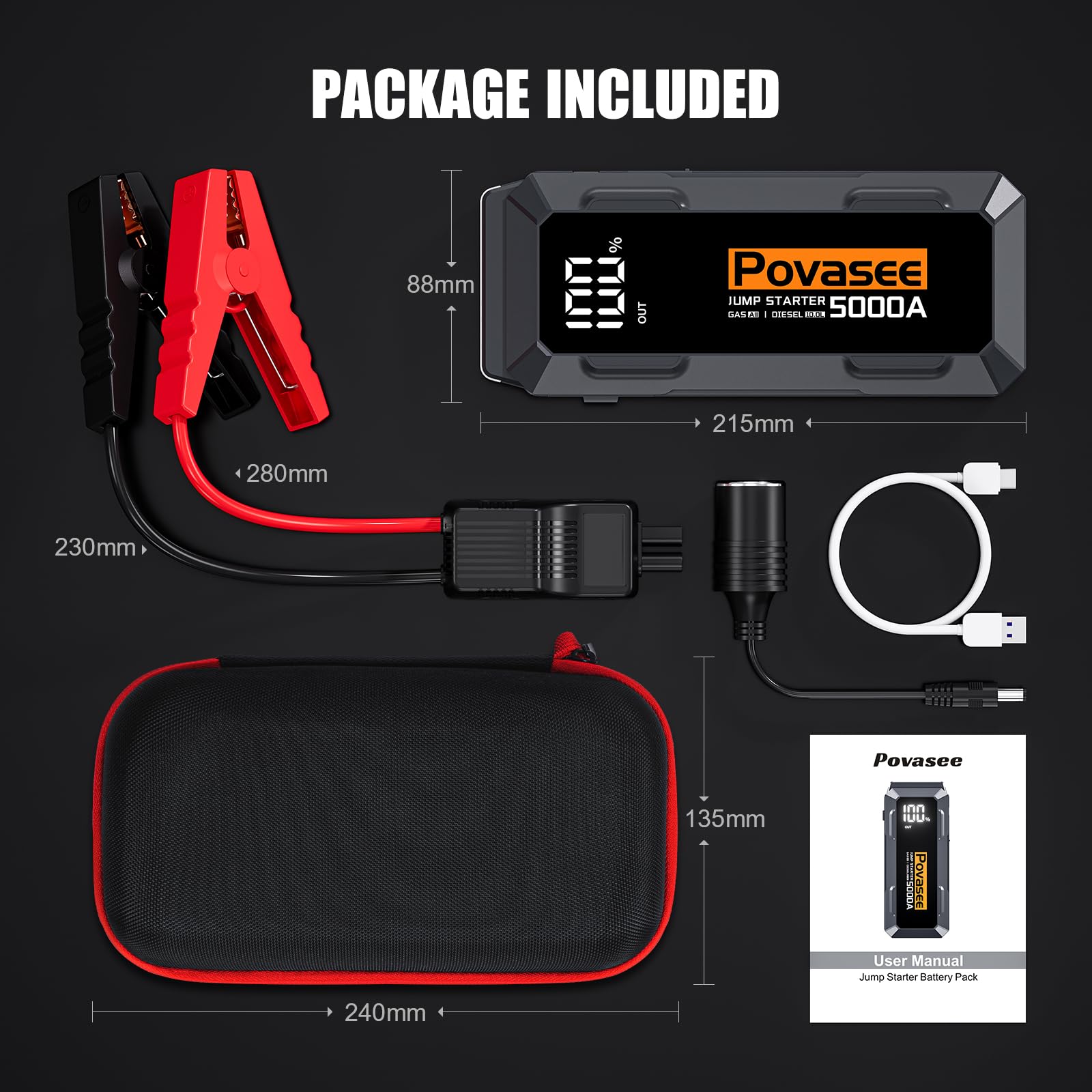 Povasee Jump Starter Power Pack, 5000A Car Battery Booster Jump Starter (up to All Gas or 10L Diesel) with 3" LCD Display, Car Starter with 2 USB Ports, Jump Leads and LED, Jump Pack for 12V Vehicles