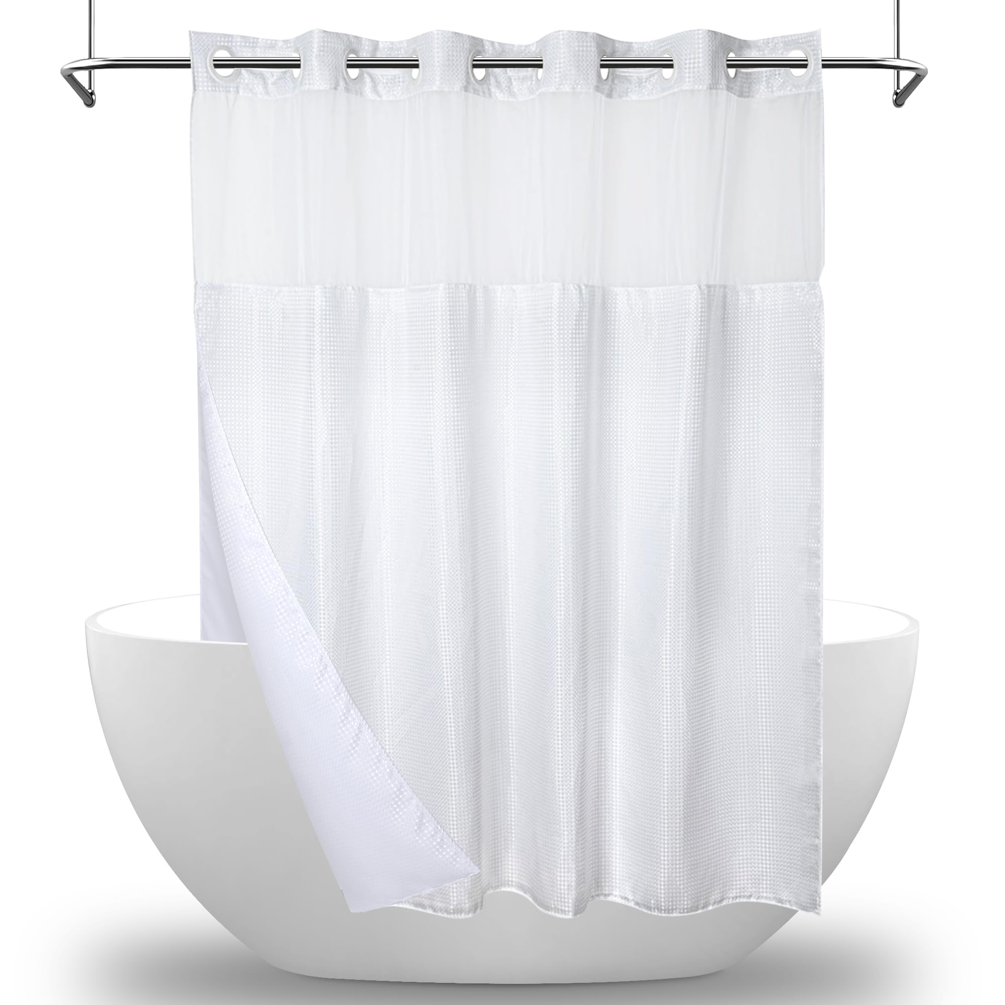 MEKOTRIN Hookless Shower Curtain with Snap on Liner Waffle Fabric Double Layer, 74 x 71 Inch Weighted White Shower Curtains with Viewing Window, Bath