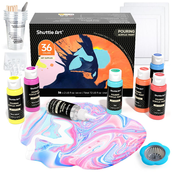 Shuttle Art Acrylic Paint Pouring Set - 36 Bottles (2 oz) Pre-Mixed High-Flow Paint With Canvas, Silicone Oil, Measuring Cups, Tablecloths - Complete