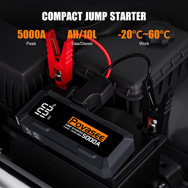 Povasee Jump Starter Power Pack, 5000A Car Battery Booster Jump Starter (up to All Gas or 10L Diesel) with 3" LCD Display, Car Starter with 2 USB Ports, Jump Leads and LED, Jump Pack for 12V Vehicles