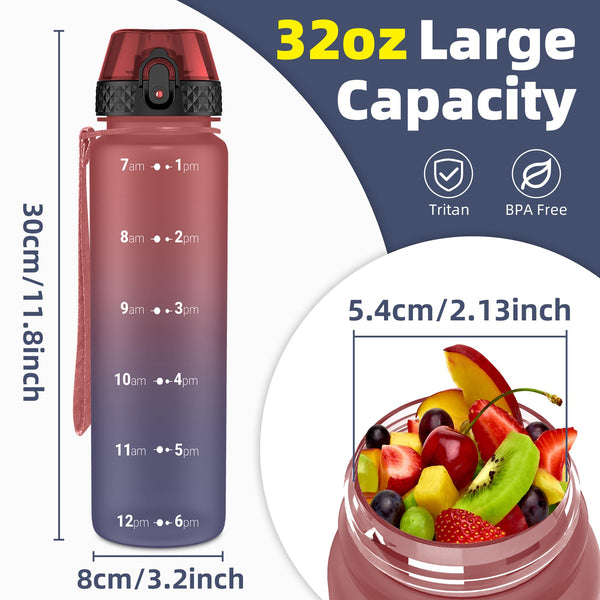 OLDLEY 1L/32oz Sports Water Bottle, 1000ml Motivational Drinks Bottle with Time Markings Leak Proof Drink & Lock Cover & No Straw, BPA Free for Adults Women Men Gym School Cycling Running Hiking