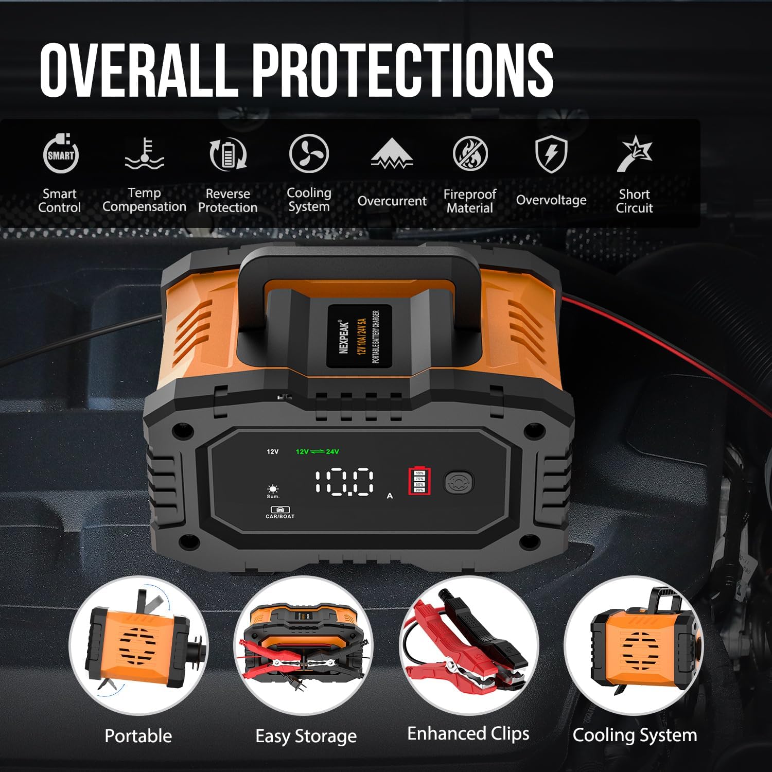 Battery Charger 10A, NEXPEAK 12V 24V LiFePO4 Car Battery Chargers, Automatic Maintainer with Temperature Compensation for Car Motorcycle Truck, AGM, Gel, Wet, SLA