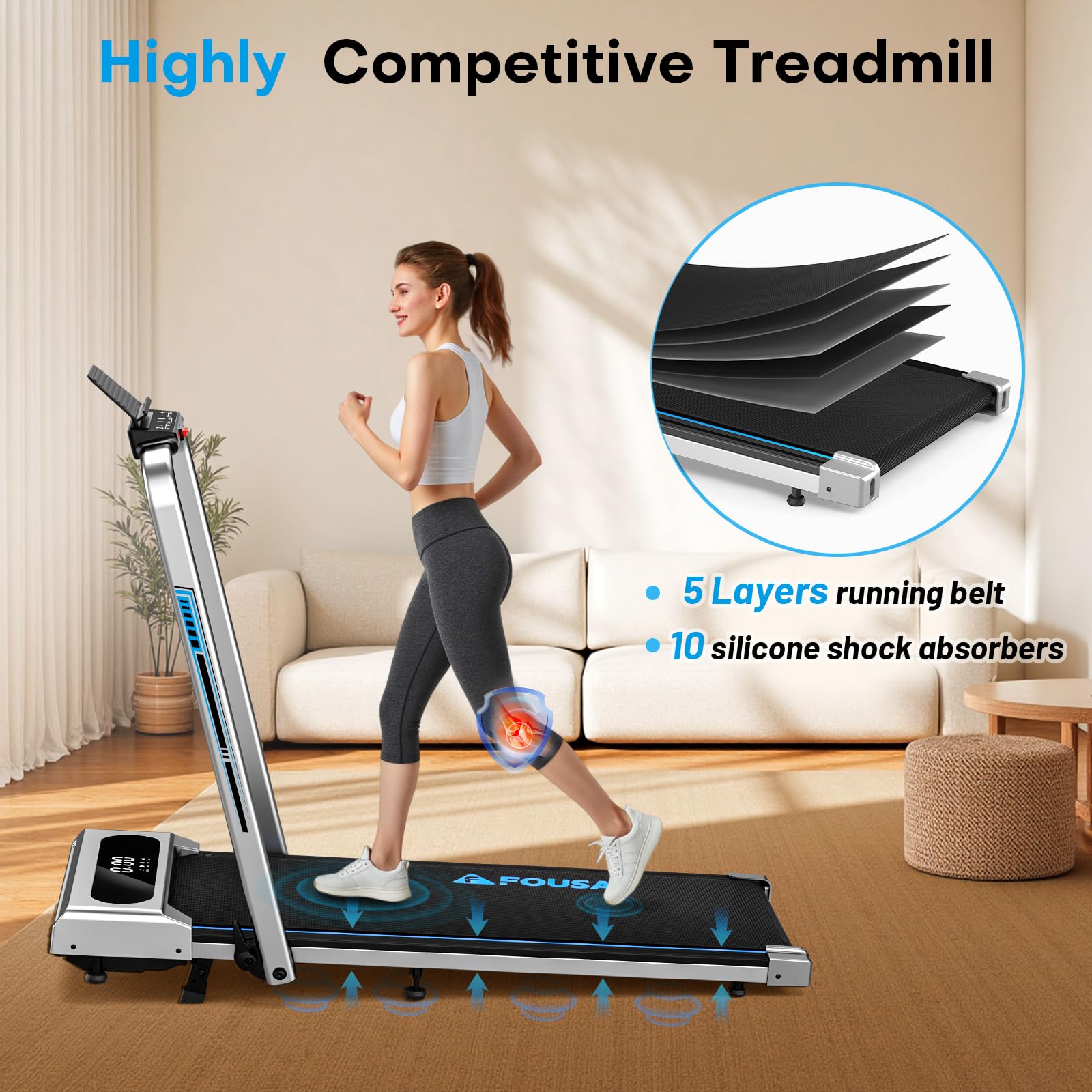 Treadmill, FOUSAE 5 in 1 Treadmills for Home Foldable with App Compatible, 12KM/H Under Desk Walking Pad with 9% Incline, 350 LB Weight Capacity, Magnetic Remote Control