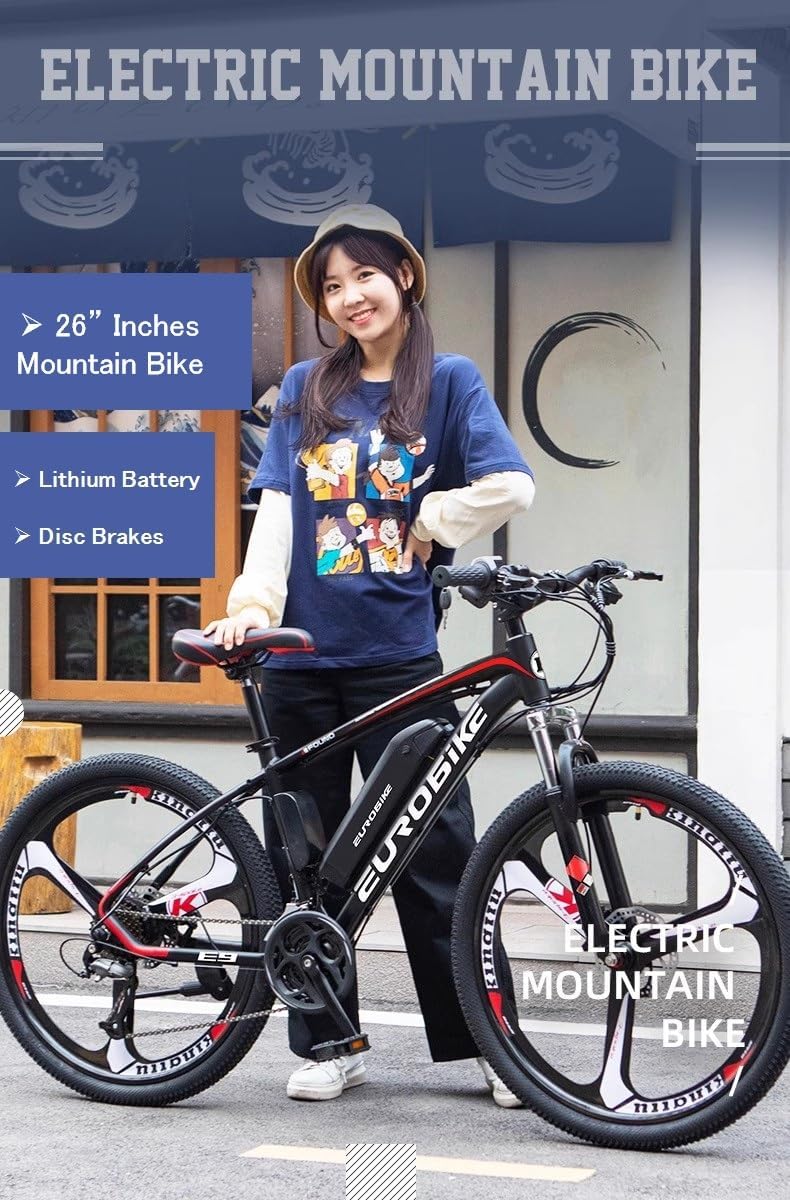 Eurobike EMTB 26 Inch Wheel Electric Mountain Bike with 27 Speeds, Dual Disc Brakes, Lightweight Aluminium Frame, and Front Suspension E-Bike E9, Black
