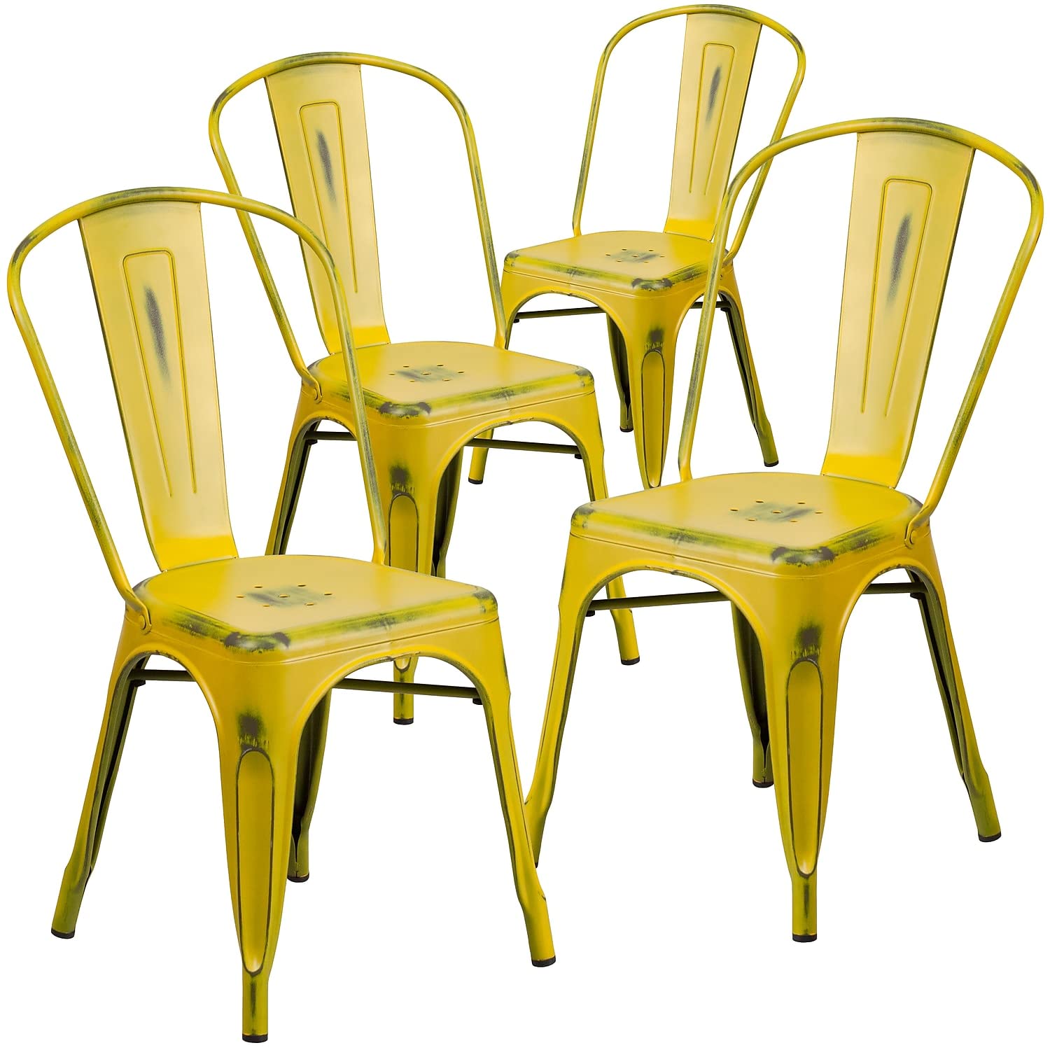 Flash Furniture Blake Commercial Grade 4 Pack Distressed Yellow Metal Indoor-Outdoor Stackable Chair