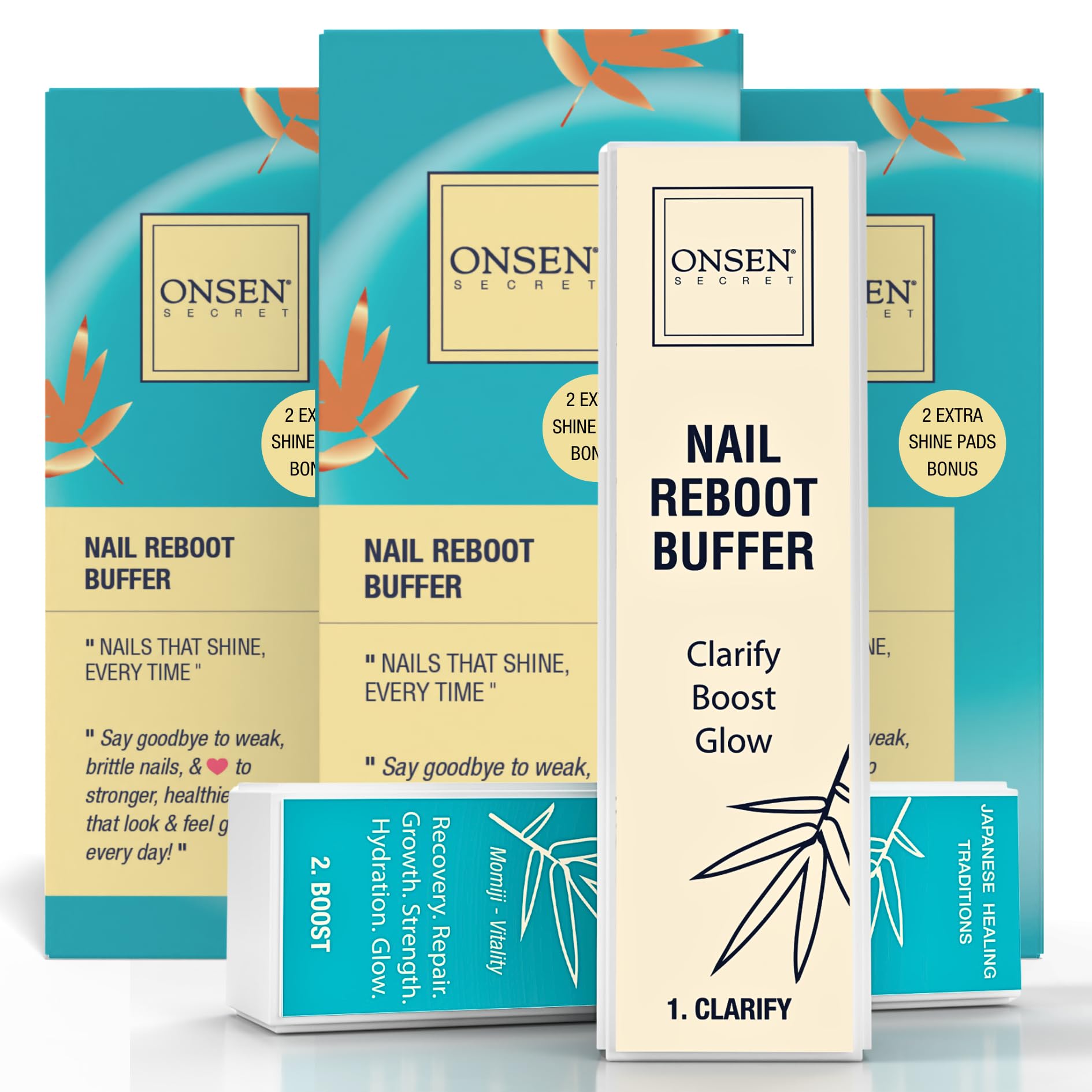 Onsen Secret Professional Nail Buffer Block | 4-Way Buffing for Natural Shine & Healthy Natural Nails - Includes 2 Extra Shine Pads, Salon-Quality,
