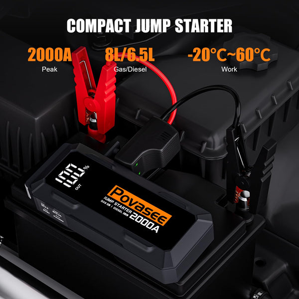 Povasee Jump Starter Power Pack, 5000A Car Battery Booster Jump Starter (up to All Gas or 10L Diesel) with 3" LCD Display, Car Starter with 2 USB Ports, Jump Leads and LED, Jump Pack for 12V Vehicles