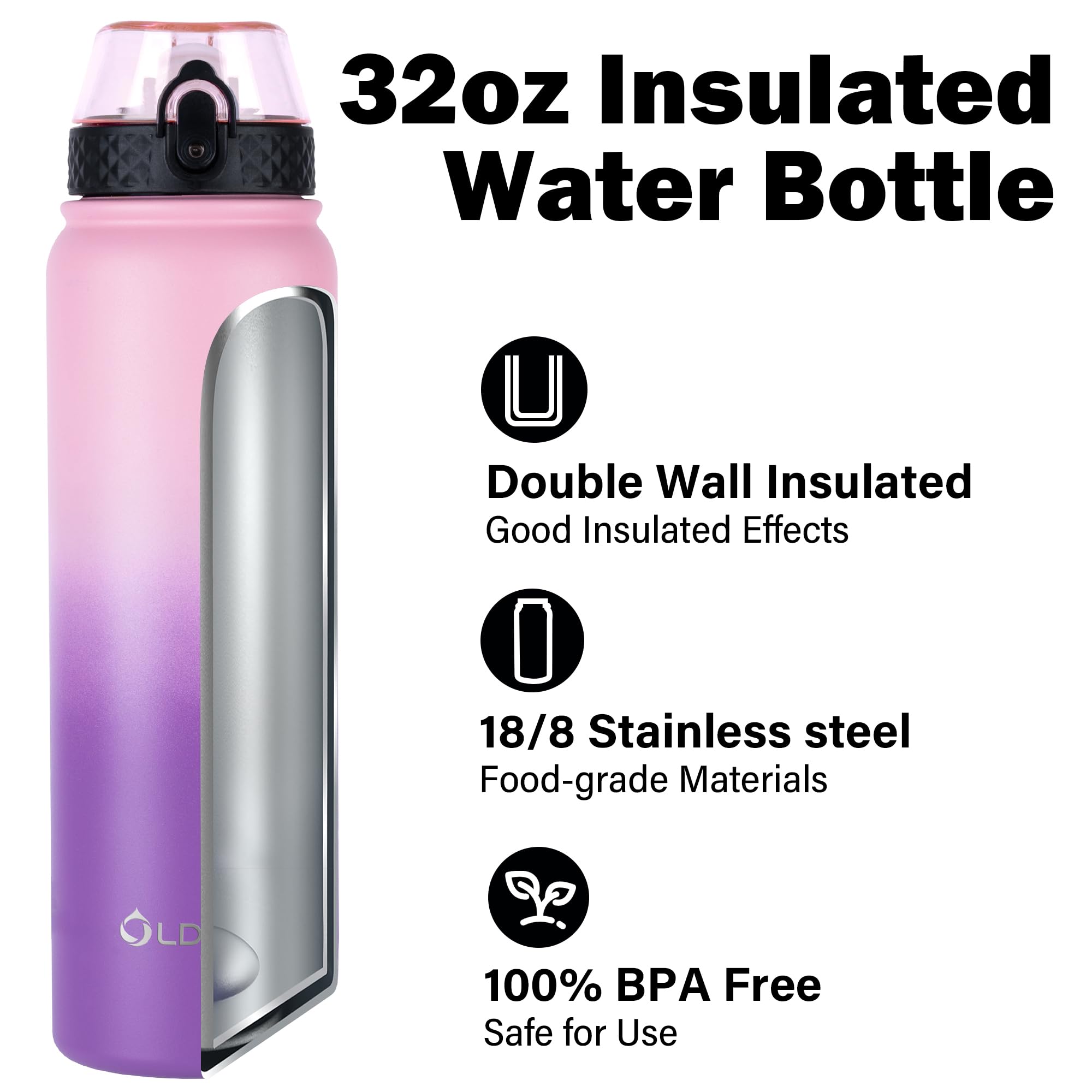 OLDLEY Stainless Steel Water Bottle with Straw 1L Vaccum Insulated Large Drink Flask Metal Water Bottles 1 Litre Leakproof Keep Drinks Hot Cold for Sports Gym with Different Lids(Purple Green, 3 Lids)