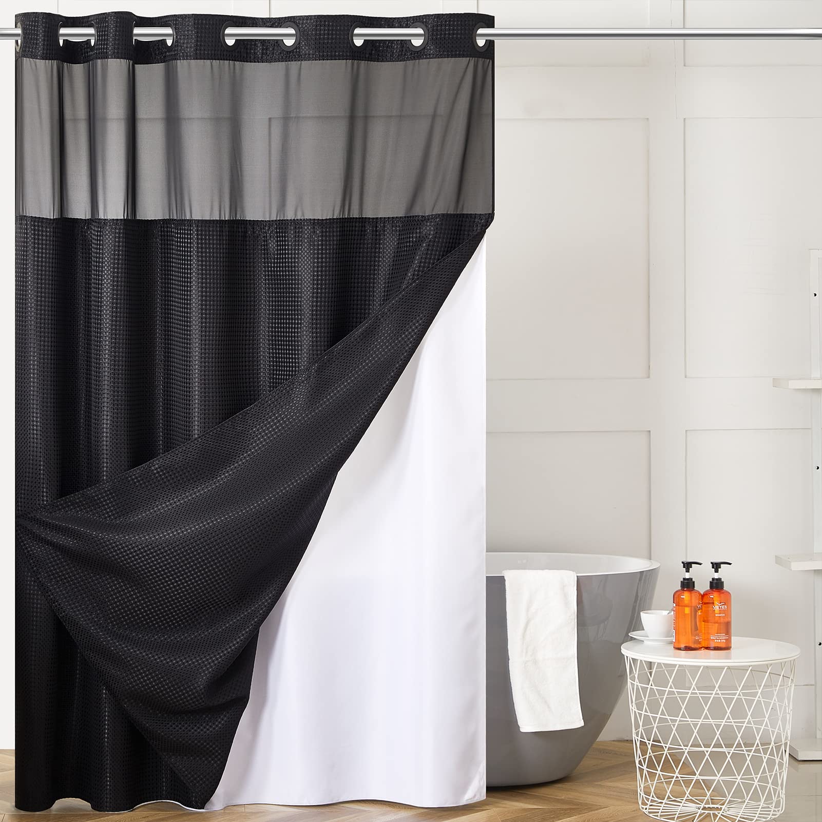 Furlinic Shower Curtain Hookless Black Jacquard Waffle Fabric 96inch Extra Long Weighted Anti Mould with White Polyester Snap in Liner and Mesh