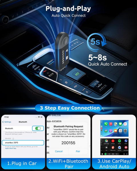 Wireless CarPlay & Android Auto Adapter, Converts Wired to Wireless 2-in-1 Dongle with USB/Type-C Plug, Compatible with iOS 10+ and Android 11+