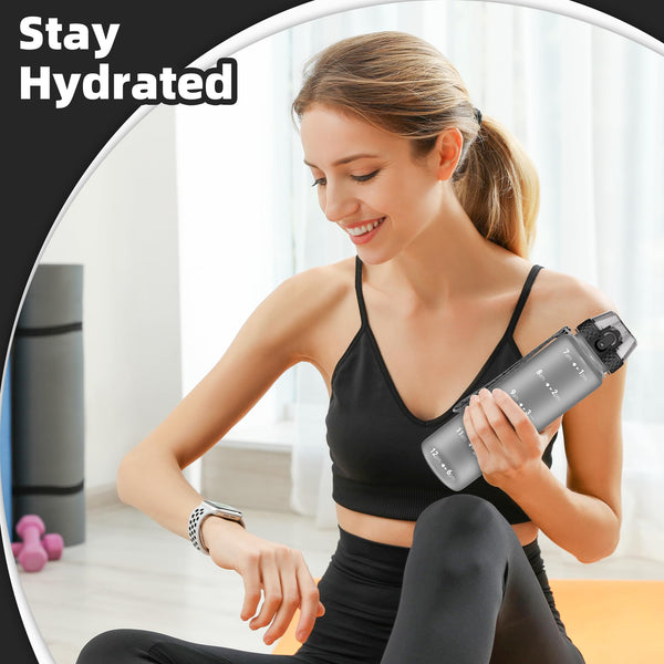 OLDLEY 1L/32oz Sports Water Bottle, 1000ml Motivational Drinks Bottle with Time Markings Leak Proof Drink & Lock Cover & No Straw, BPA Free for Adults Women Men Gym School Cycling Running Hiking