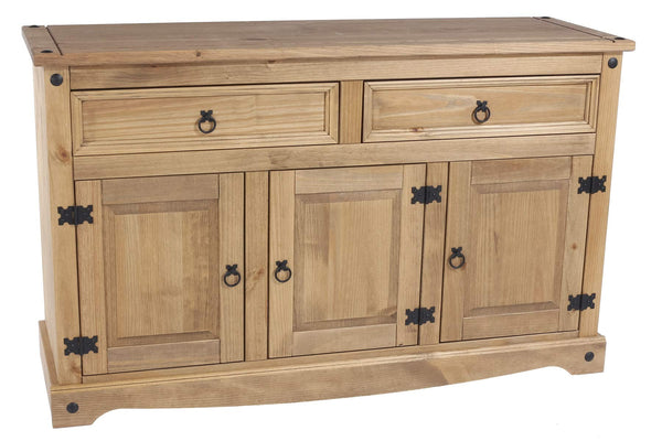 Home Source Large Sideboard Cabinet, 3 Door 2 Drawer Solid Pine Two Tone Storage Cupboard, Industrial Style, Natural