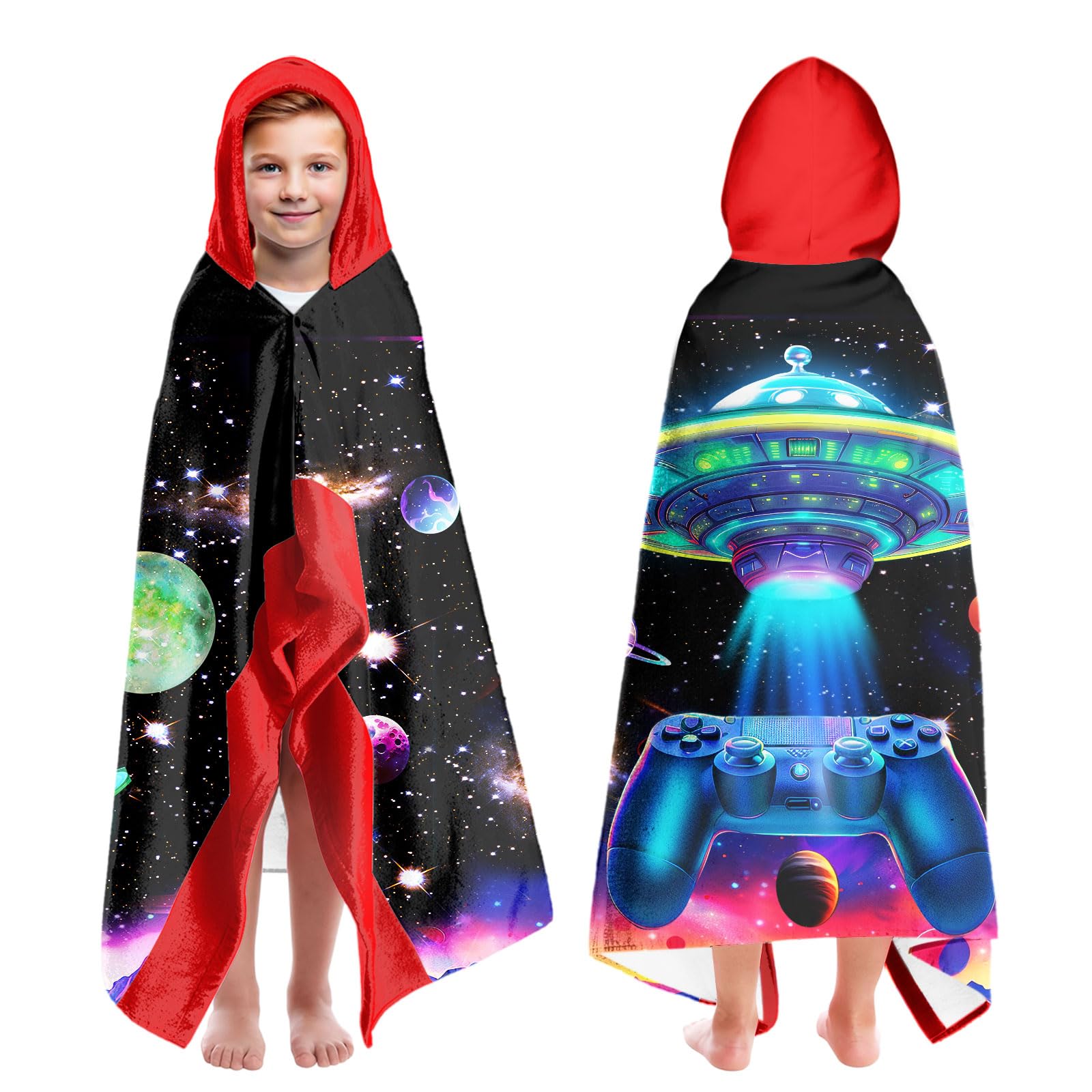 Spacecraft Beach Towels For Boys Hooded Beach Towels for Kids Ages 4-8 , Hooded Bath Towels Wrap for Toddler Teen Boy 35x60 inch Quick Dry Black Red