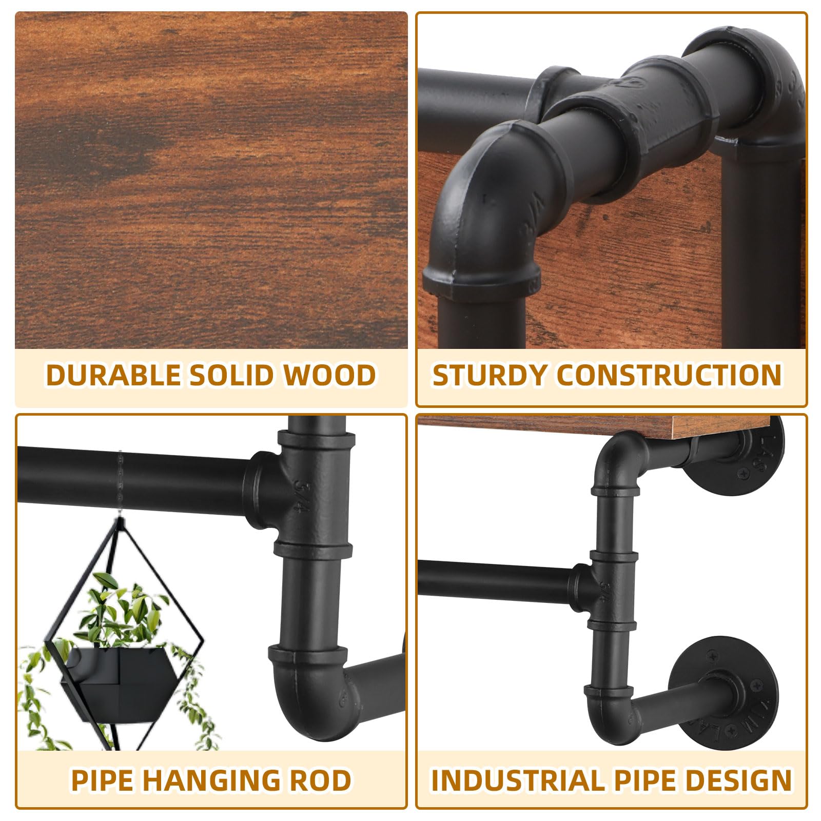 Yawinhe Industrial Pipe Wall Mounted Garment Rack, with Top Shelf, 105cm Heavy Duty Detachable Multi Purpose Hanging Rod, Space Saving Hanger with 4