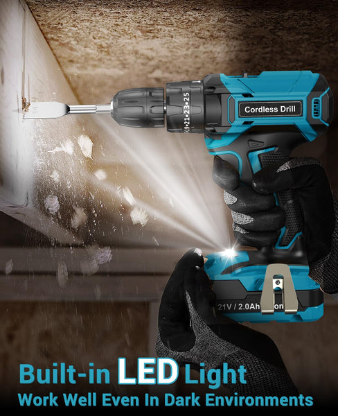 MHPRO Cordless Drill, Power Drill Brushless 21V, Cordless HammerDrill with 2 Batteries 2000mAh, 20+3 Torque, 45N.m Max DrillSet, LED Light, 2 Speed, 14PCS Accessories for Home and Garden DIY Project