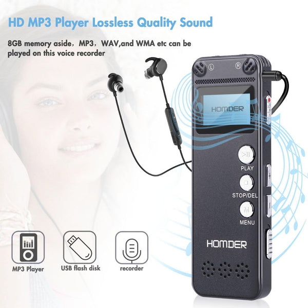 Digital Voice Recorder, Homder USB Professional Dictaphone Recorder with MP3 Player, Activated Rechargeable, Stereo HD Recording for Lectures (8GB)
