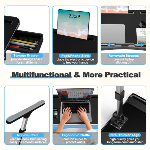 Laptop Bed Table, Potuopy Leather Adjustable Height Angle Bed Desk, X-Large Foldable Laptop Stand for Bed with Eco Wooden board for Working Reading