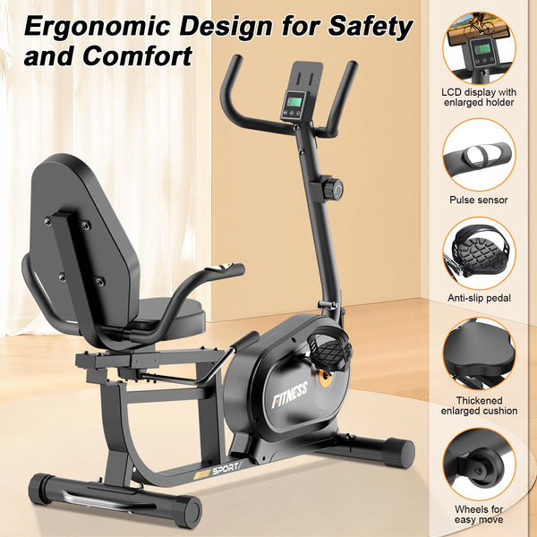 Jupgod Recumbent Exercise Bike, Recumbent Stationary Bike, 150KG Weight Capacity & 8-level Resistance, Magnetic Recumbent Bike with LCD Monitor, Heart Rate Handle