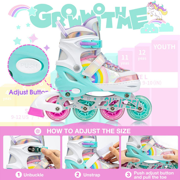 SULIFEEL Rainbow Unicorn Adjustable Light up Inline Skates for Kids Girls and Boys Beginner Skates with Illuminating Wheels,Medium?