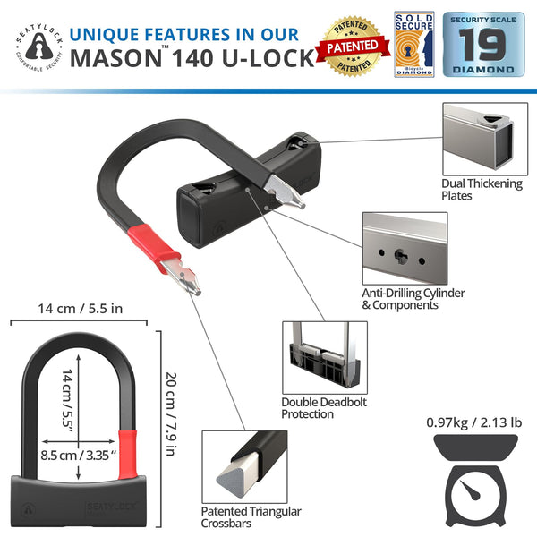 SeatyLock Mason Bike U Lock - Patented Heavy Duty Anti Theft Sold Secure Diamond Rated Bike ULock - High Security Bicycle Lock with Key for Electric