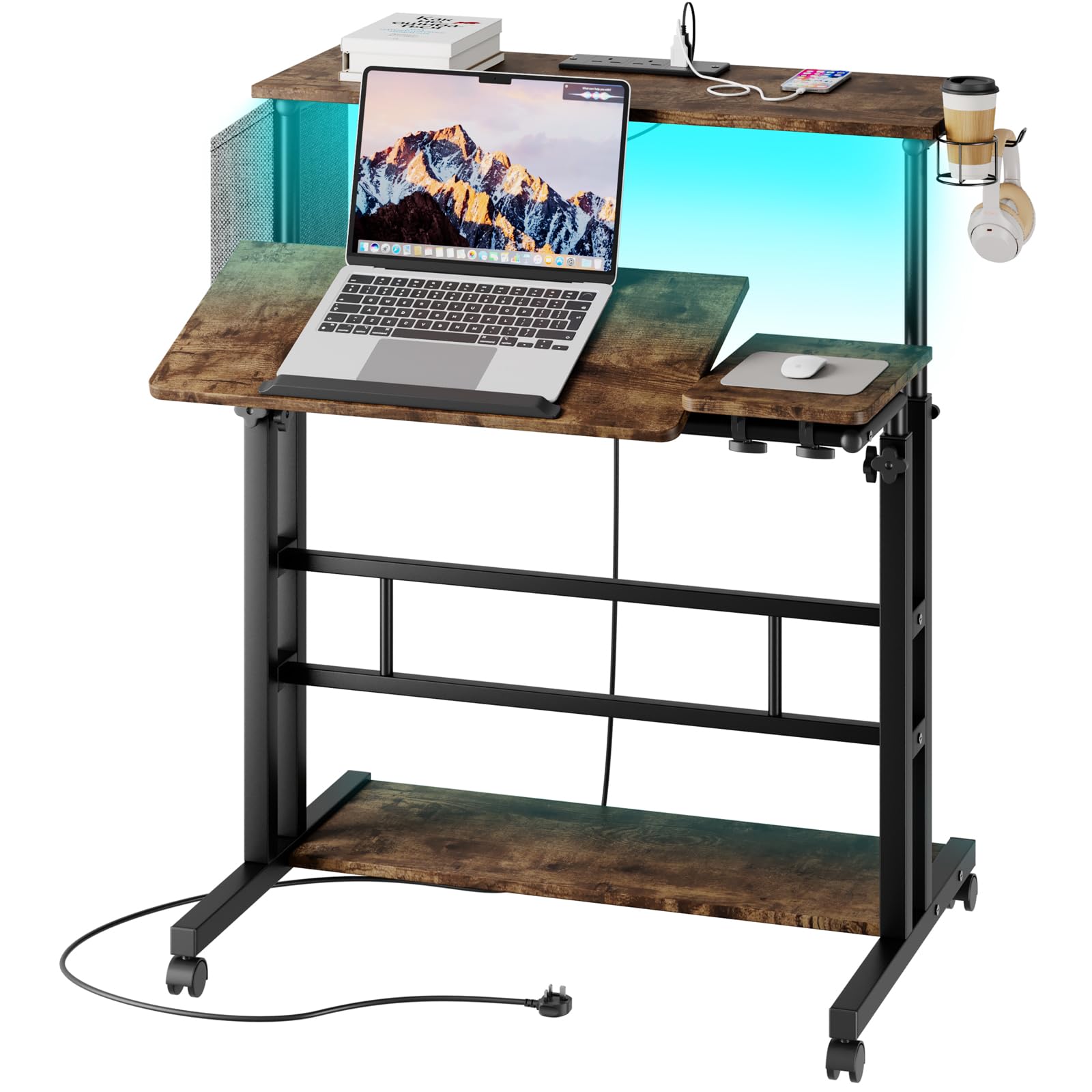 Dripex Mobile Standing Desk with Power Outlets & Strip Lights, Height Adjustable Desk With Cup Holder, Hook, Storage Bag, Rolling Sit-Stand Computer