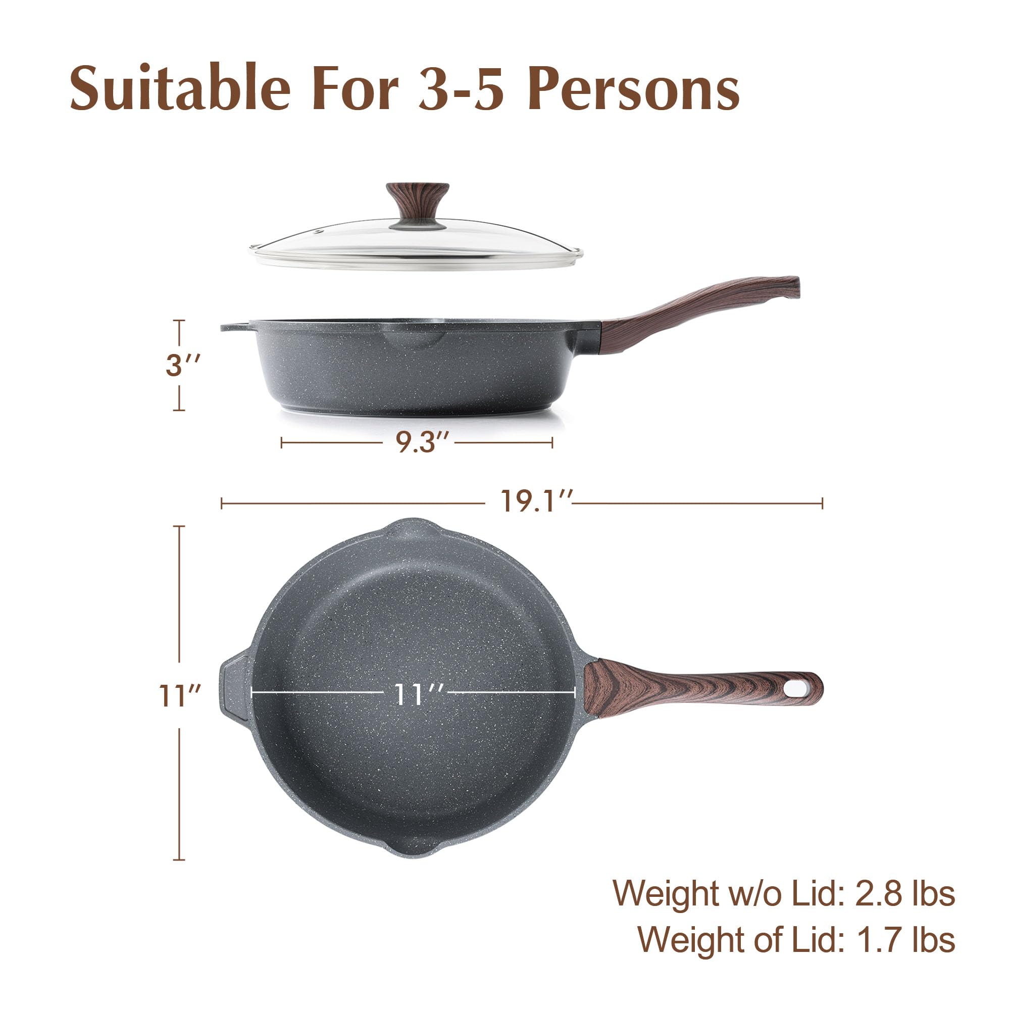 SENSARTE Nonstick Deep Frying Pan, 28 cm/4.8 Litre Saute Pan Skillet with Lid, Stay-Cool Handle, Chef Pan Healthy Stone Cookware Cooking Pan,