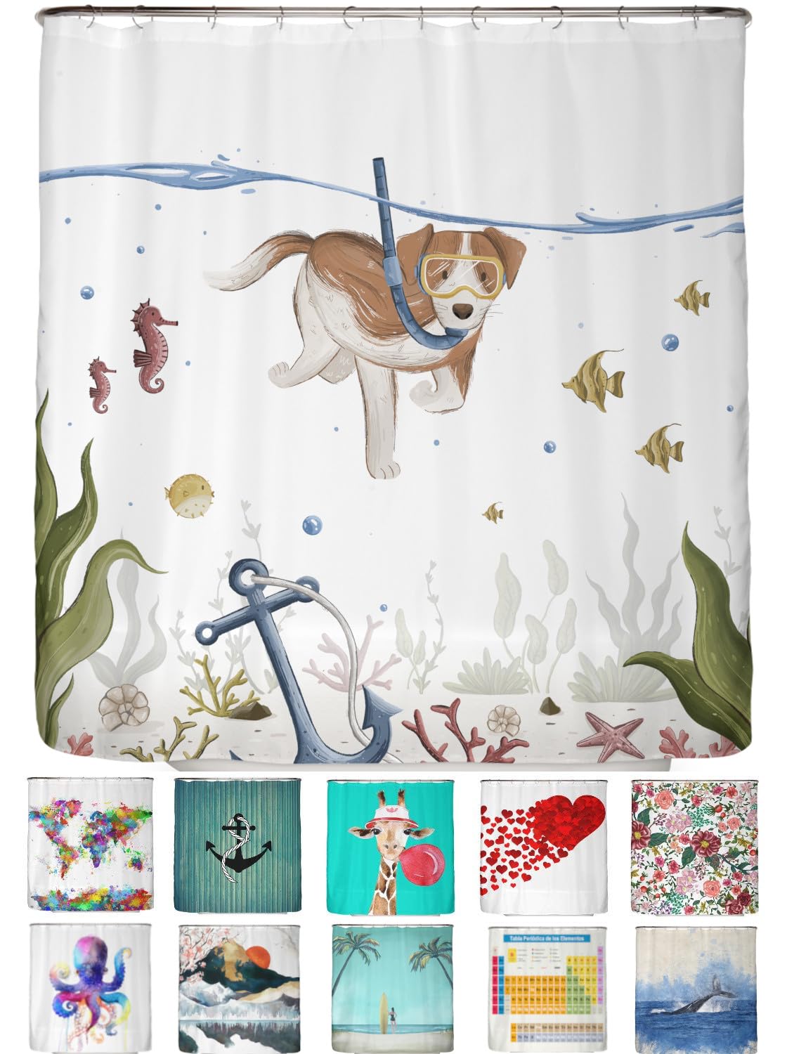 arteneur? - Diving Dog - Anti-Mould Shower Curtain 180 x 200 cm - Recycled with Oeko-Tex Standard 100 - Weighted Hem, Opaque, Waterproof, Washable, 12