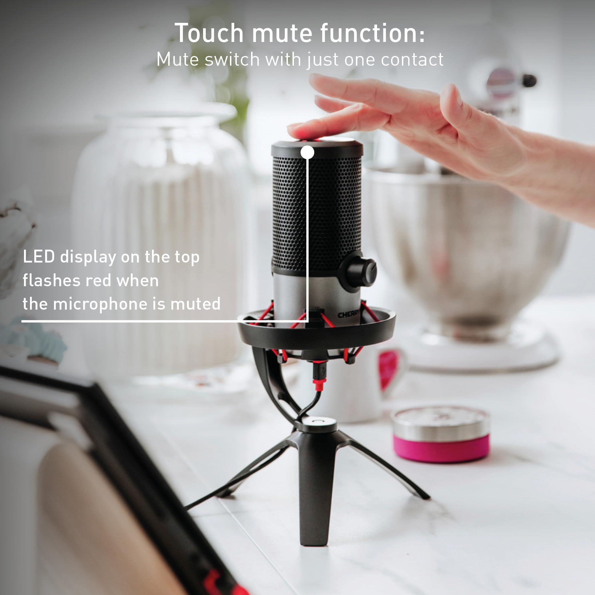 CHERRY UM 3.0, USB Microphone for Podcasts, Streaming, Home Office, Cardioid Characteristic, Headphone Connection, Compatible with PC/Mac/PS4/PS5, Black