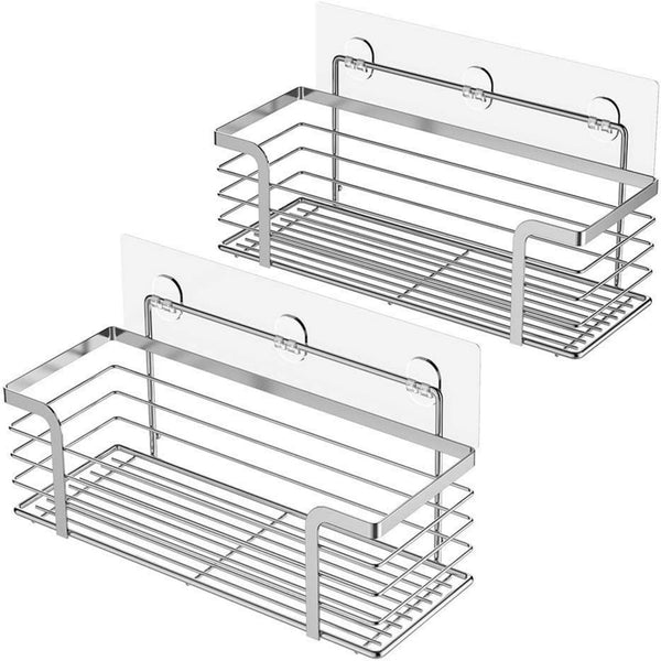 OriwarE Adhesive Shower Caddy Organiser Basket Bathroom Shelf Storage Wall Mounted SUS304 Stainless Steel No Drilling - 2 Pack (Silver)