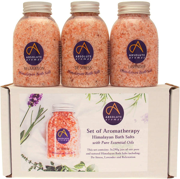 Absolute Aromas Pink Himalayan Bath Salts Set - De-Stress, Lavender and Relaxation - 3 x 290g Jar Himalayan Salts Infused with 100% Pure Essential