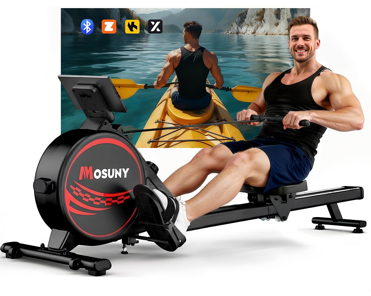 Rowing Machine, MOSUNY Ultra-Quiet Magnetic Rowing Machines for Home Gym with 16/32 Level Resistance & App Support, Upgrade Smooth Double Glide System, 350LBS Capacity Foldable Rower with LCD Monitor