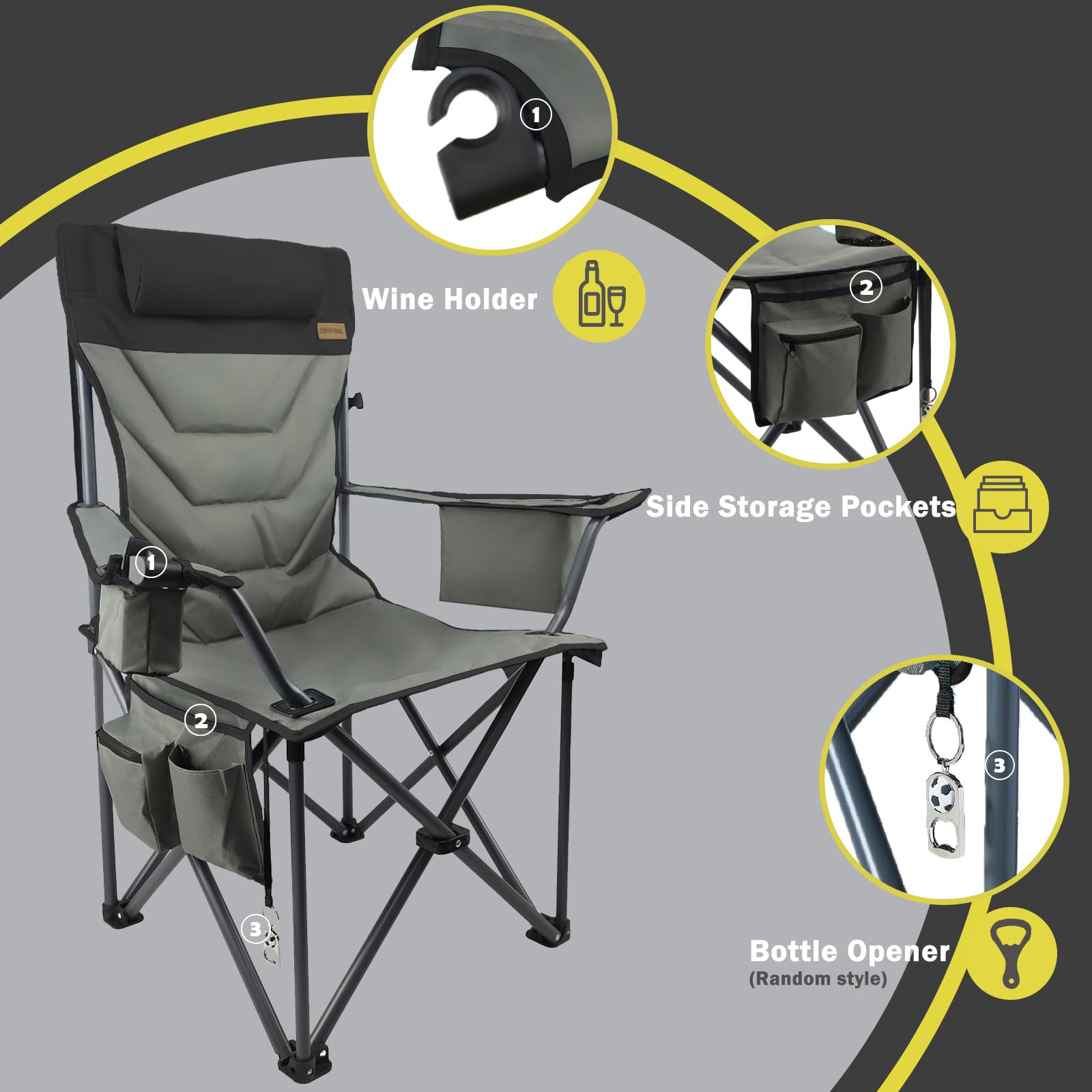 Outdoor Folding Camping Chair -Oversize Camping Chairs for Adults,Support 400lbs with Pillows & Cup Holders & Cooler Bags- Heavy Duty Collapsible Chairs for Sports Garden Beach Fishing(Grey Blue)