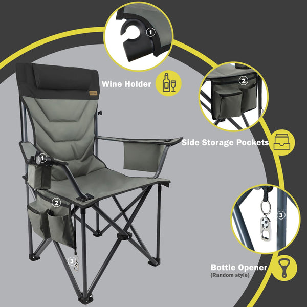 Outdoor Folding Camping Chair -Oversize Camping Chairs for Adults,Support 400lbs with Pillows & Cup Holders & Cooler Bags- Heavy Duty Collapsible Chairs for Sports Garden Beach Fishing(Grey Blue)