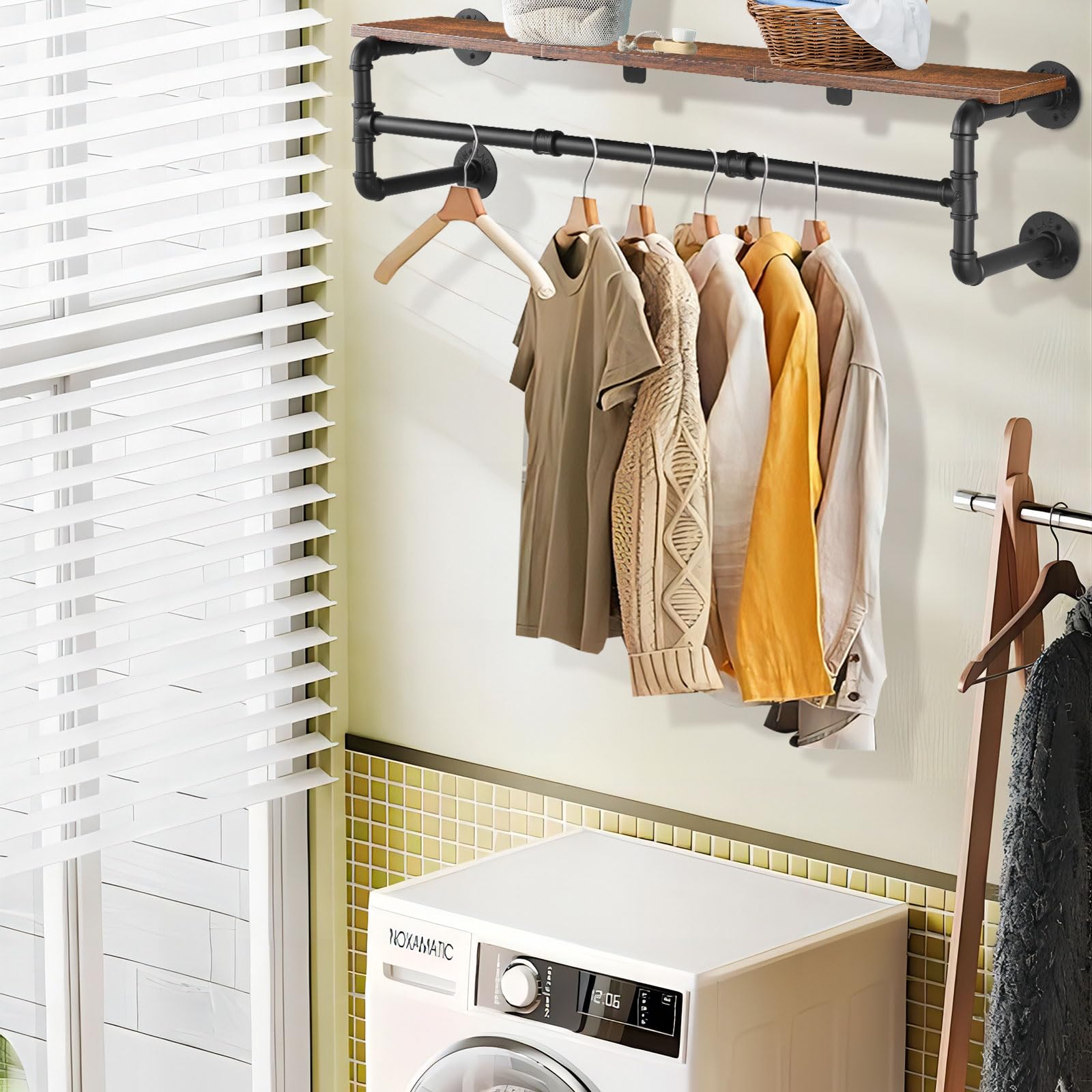 Yawinhe Industrial Pipe Wall Mounted Garment Rack, with Top Shelf, 105cm Heavy Duty Detachable Multi Purpose Hanging Rod, Space Saving Hanger with 4