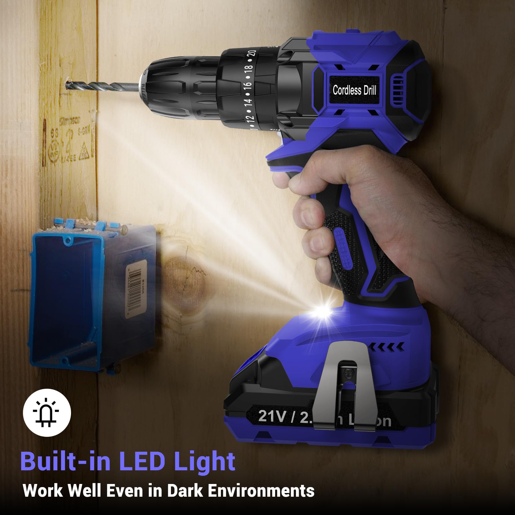 MHPRO Cordless Drill, Power Drill Brushless 21V, Cordless HammerDrill with 2 Batteries 2000mAh, 20+3 Torque, 45N.m Max DrillSet, LED Light, 2 Speed, 14PCS Accessories for Home and Garden DIY Project