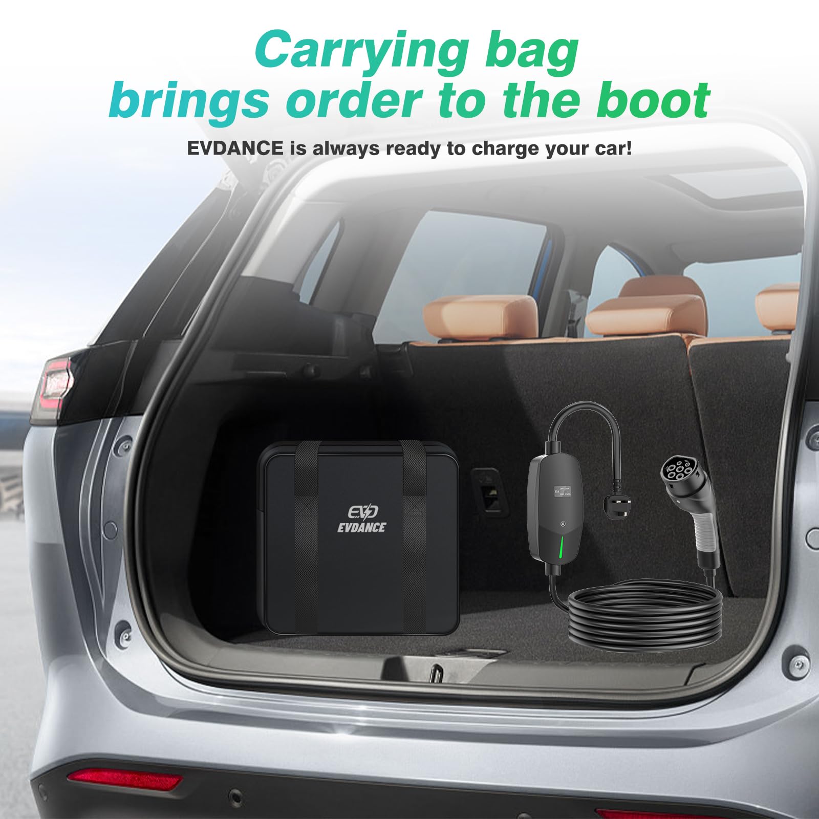 EVDANCE EV Charger Type 2 UK 3 Pin 20ft/6.1m [6/8/10/13A] Portable Electric Car Charger, Adjustable Current EV Charger with IP66, Type 2 Charging Cable for EV & PHEV, Black