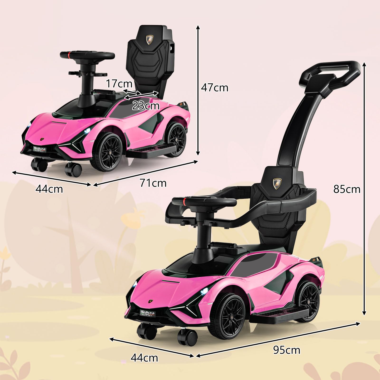 GYMAX 3 in 1 Kids Ride on Push Car, Licensed Lamborghini Push Along Car with Handle, Guardrails, USB Port, Music & Lights, Underneath Storage, Toddler Sliding Toy for 18-60 Months Boys Girls (Black)